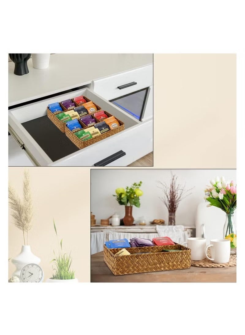 بيوينتي حامل أكياس الشاي وعلب السكر، منظِّم التوابل لمحطات القهوة، سلة خوص للتخزين، منظِّم سلة الخيزران المقسمة للدرج/الرف/طاولة المطبخ - Image 4